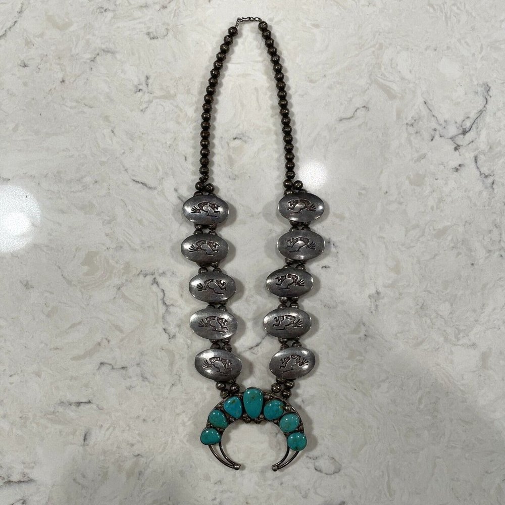 Vintage KOKOPELLI Squash Blossom Necklace TURQUOISE Sterling 24” 147g, VERY RARE